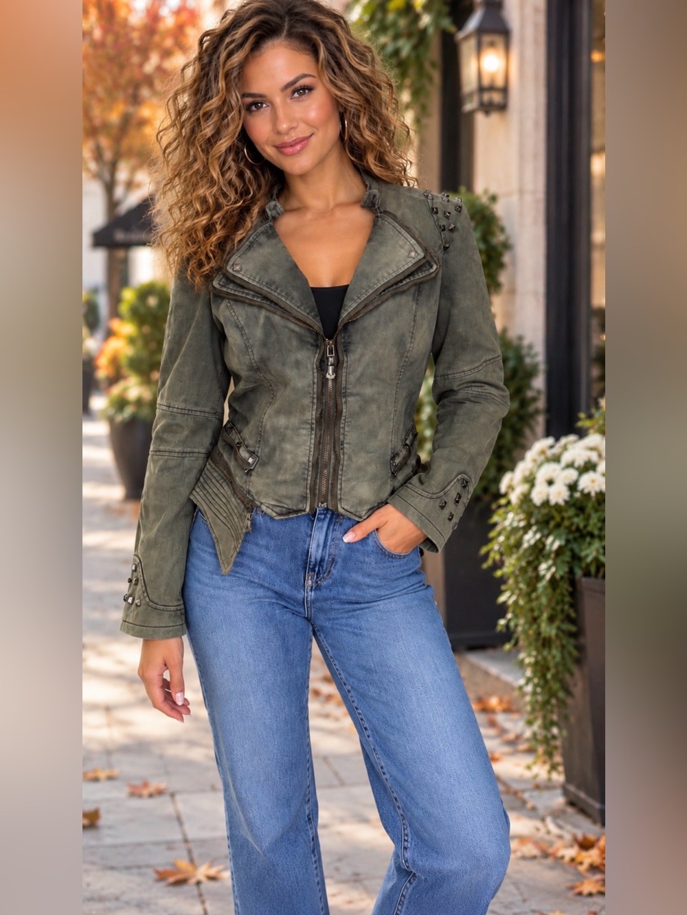 Olive Green Studded Moto Jacket Distressed Utility Biker Zip Y2K